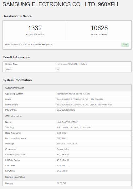 英特爾酷睿i9-13900H在Geekbench 5測試中表現一般